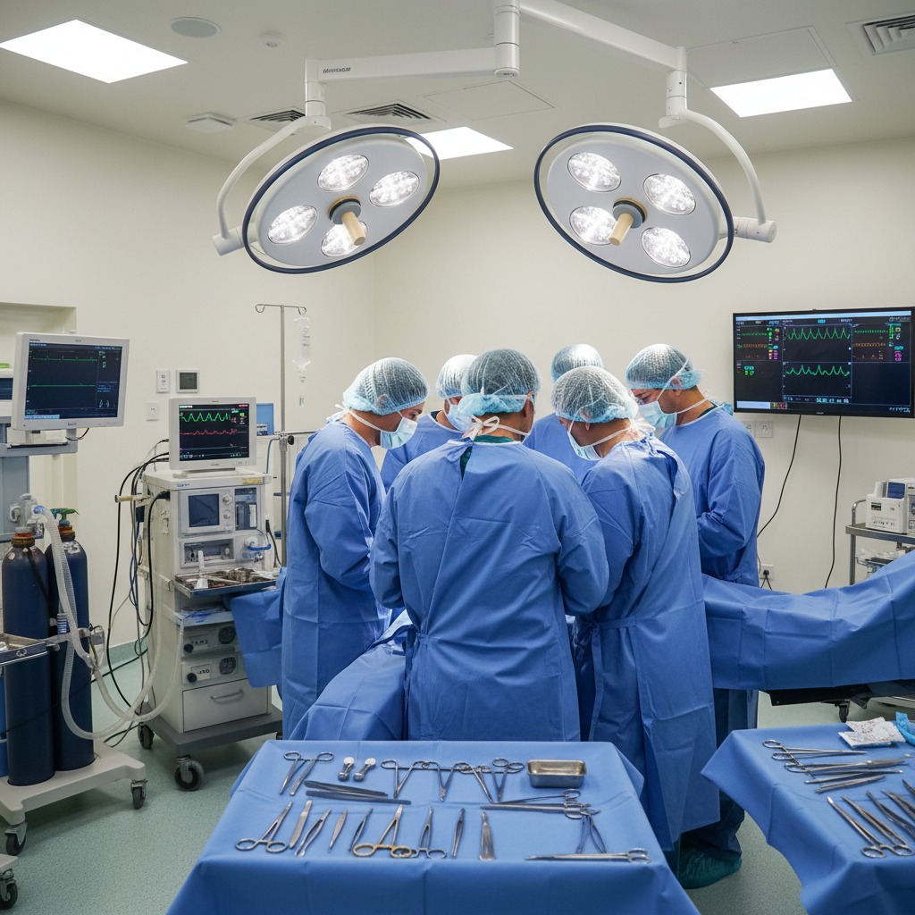 Ein Ärzteteam führt in einem modernen Operationssaal eine robotergestützte Operation durch.